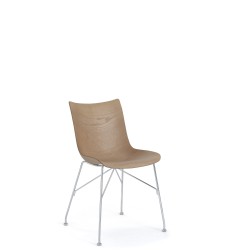 Chaise P/WOOD (assise en bois clair et structure en acier chromé), vue de 3/4