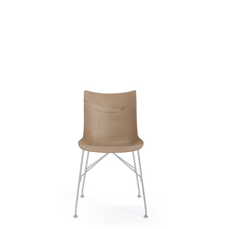 Chaise P/WOOD (assise en bois clair et structure en acier chromé), vue de face