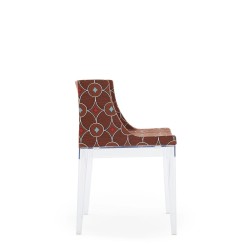 Chaise MADEMOISELLE blanc, tissu Rubelli marron, vue de profil