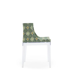 Chaise MADEMOISELLE blanc, tissu Rubelli pistache, vue de profil