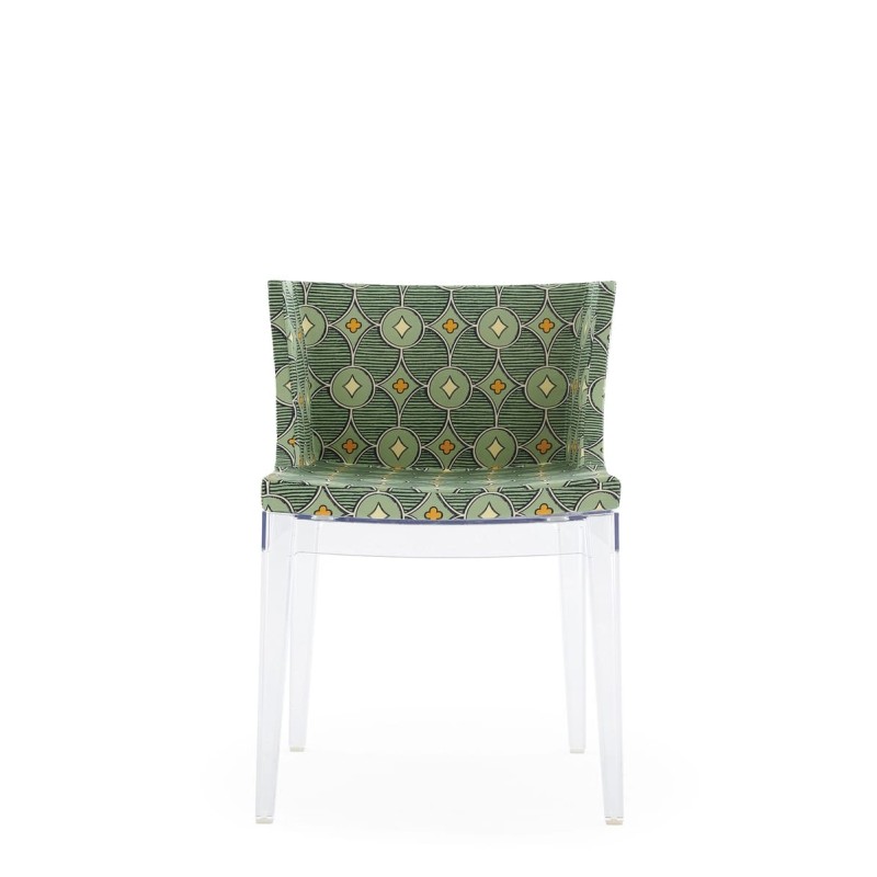 Chaise MADEMOISELLE blanc, tissu Rubelli pistache, vue de face Chaise MADEMOISELLE blanc, tissu Rubelli pistache, vue de face