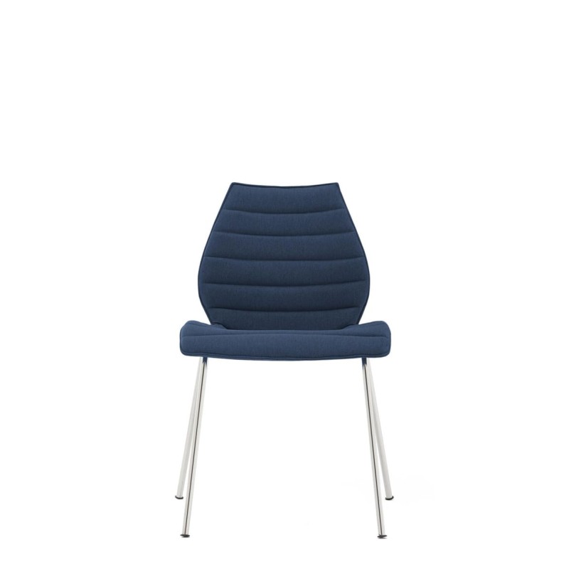 Chaise Kartell MAUI SOFT, tissu Noma Bleu, structure chromée, vue de face Chaise Kartell MAUI SOFT, tissu Noma Bleu, structure chromée, vue de face