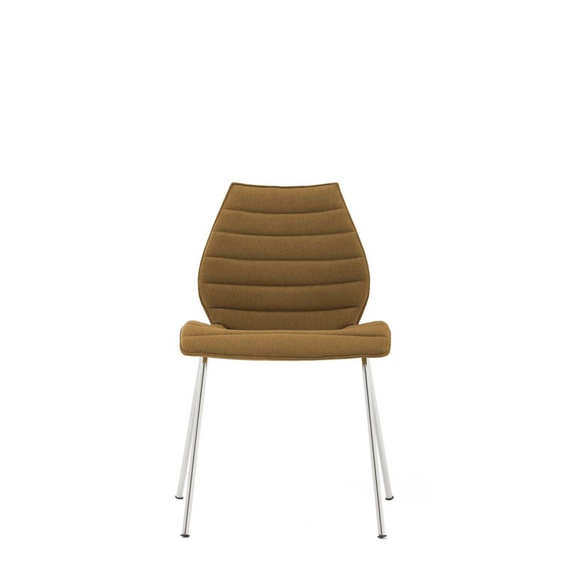 Chaise Kartell MAUI SOFT, tissu Noma Moutarde, structure chromée, vue de face Chaise Kartell MAUI SOFT, tissu Noma Moutarde, structure chromée, vue de face