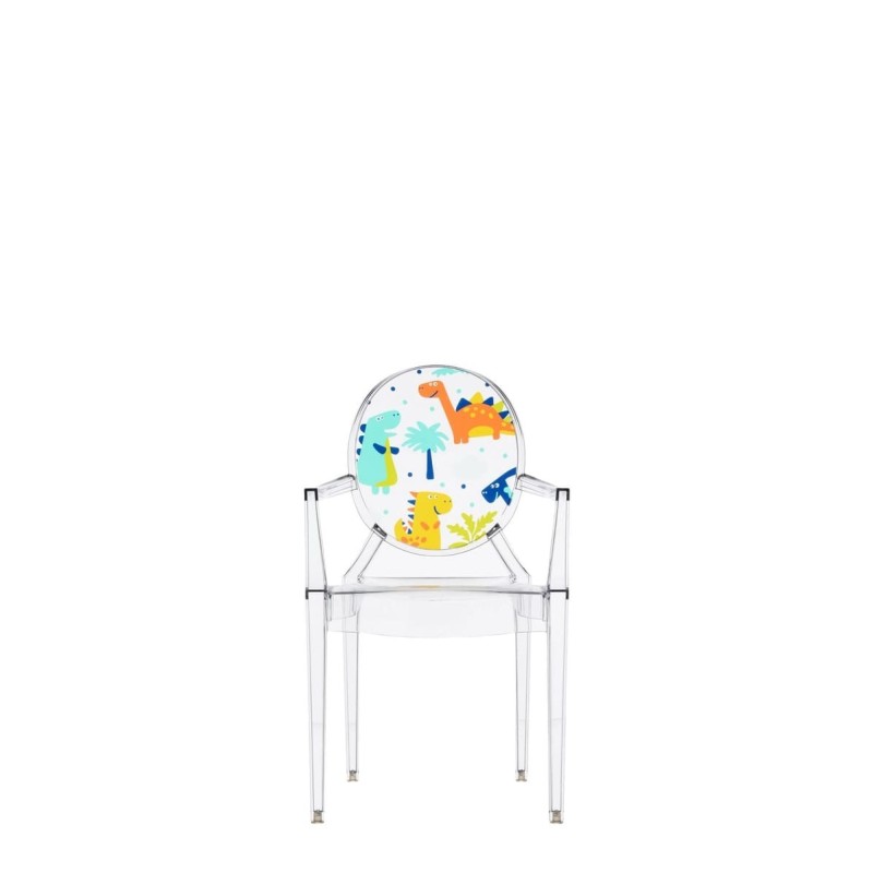 Chaise Kartell LOU LOU GHOST spécial édition cristal/motif dinosaure vue de face Chaise Kartell LOU LOU GHOST spécial édition cristal/motif dinosaure vue de face