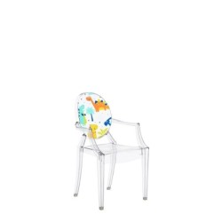 Chaise Kartell LOU LOU GHOST spécial édition cristal/motif dinosaure vue de 3/4