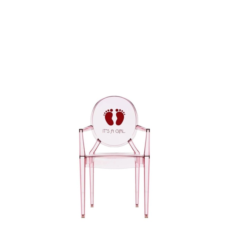 Chaise Kartell LOU LOU GHOST spécial édition rose/motif c'est une fille vue de face