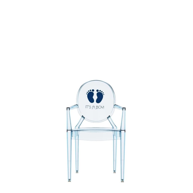 Chaise Kartell LOU LOU GHOST spécial édition bleue/motif c'est un garçon vue de face Chaise Kartell LOU LOU GHOST spécial édition bleue/motif c'est un garçon vue de face