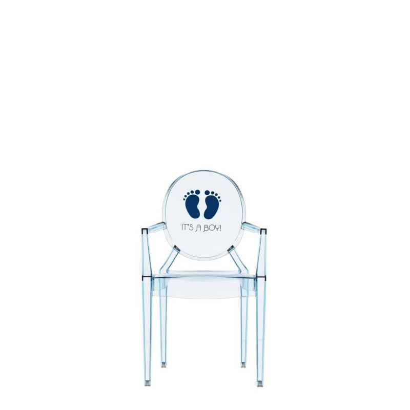 Chaise Kartell LOU LOU GHOST spécial édition bleue/motif c'est un garçon vue de face