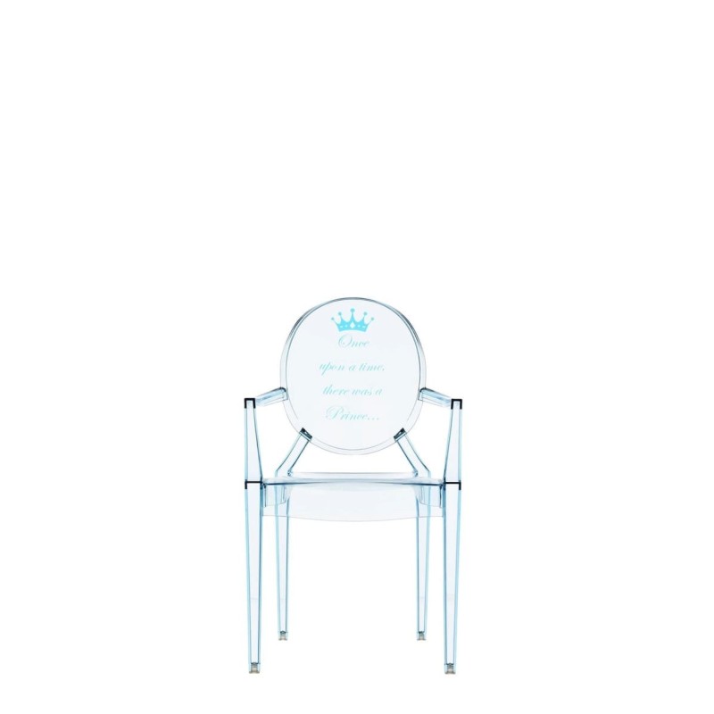 Chaise Kartell LOU LOU GHOST spécial édition bleue/motif prince vue de face Chaise Kartell LOU LOU GHOST spécial édition bleue/motif prince vue de face