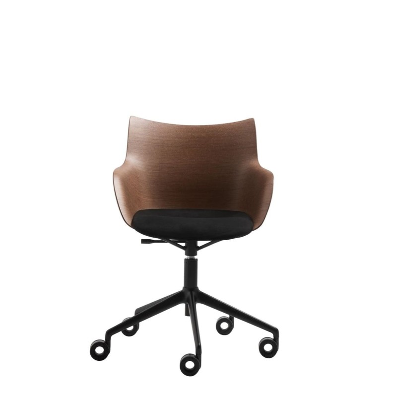 Chaise de bureau Kartell Q WOOD SOFT bois foncé/assise noire/structure noire vue de face