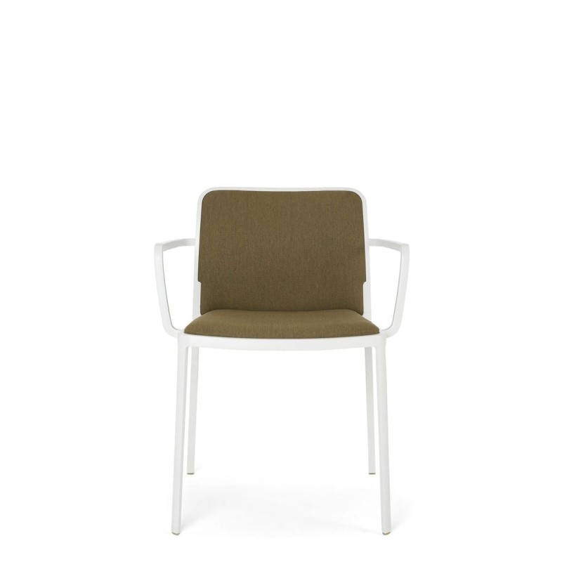 Chaise Kartell Audrey soft (avec accoudoir blanc) tissu moutarde vue de face Chaise Kartell Audrey soft (avec accoudoir blanc) tissu moutarde vue de face