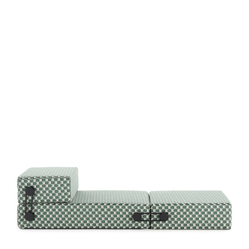 chauffeuse TRIX OUTDOOR LIBERTY, tissu Obi Check, couleur sauge, position ouverte chauffeuse TRIX OUTDOOR LIBERTY, tissu Obi Check, couleur sauge, position ouverte